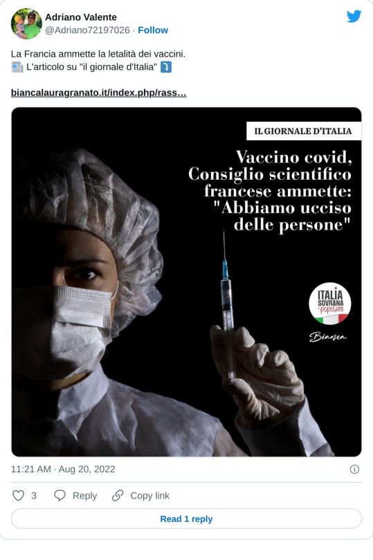 La Francia ammette la letalità dei vaccini. 📰 L'articolo su "il giornale d'Italia" ⤵️https://t.co/F82cazZus0 pic.twitter.com/G5DB07lmju  — Adriano Valente (@Adriano72197026) August 20, 2022