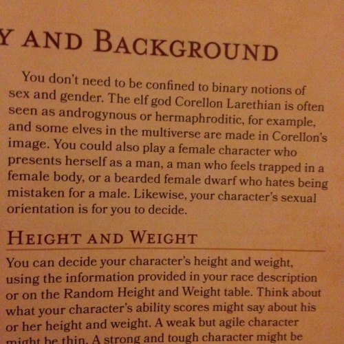 D&D 5th edition player’s handbook about choosing your character’s sex and gender. ☺️