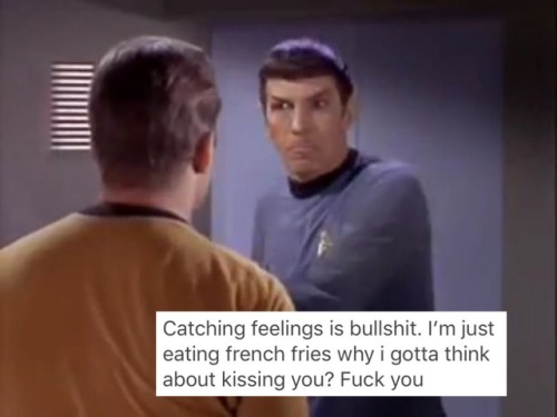 victorian-sexstache:Jim: *gay thirst*Spock: *gay angst*space husbands + text posts