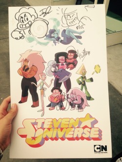 fangirl-extra-ordinaire:  The SU posters they were signing were unbelievably cute. Just look at Garnet with lil Ruby and Sapphire &lt;3