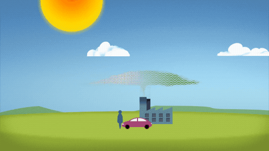 Animation of energy coming from the Sun and bouncing off a pollution cloud back into space. A red beam of heat energy from Earth's surface into the cloud of pollution, trapped near the surface. Credit: NASA/CI Labs