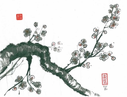 “”Spring cherry blossoms&quot;- painted by sumi-e artist Irina Terentieva in classical brush ink dra