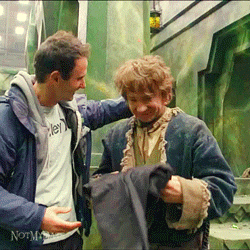 notmydate:Martin Freeman receives a farewell gift from his stunt double/safety guy, Brett Sheerin, a