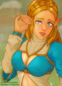 koshiokun:Zelda pin up for PatreonPatrons will get pics of her lovely tits popping out of her dress, and a couple of variations of link’s cum all over her!