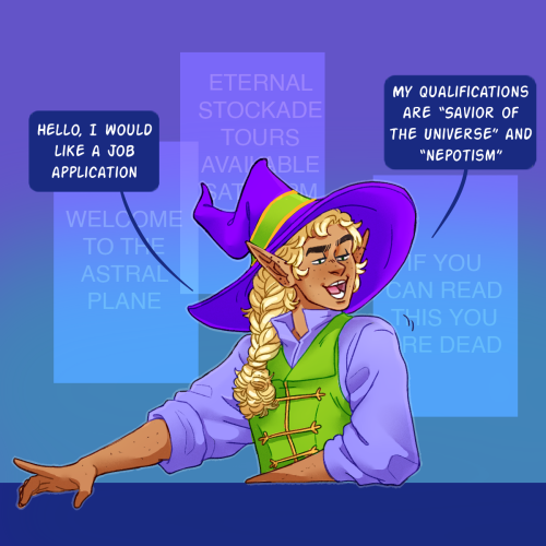 herbgerblin:ID: First image is of Taako, and elven man in purple and green wizard clothes leaning on