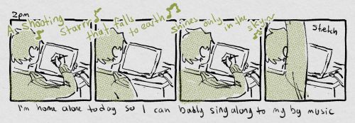 2pm. all the panels are of my working at my computer. overlayed is me singing 'a shooting starrr that falls to earrrrth shines only in the sky~' with text under the panels saying 'I'm home along today so I can badly sing along to my bg music'