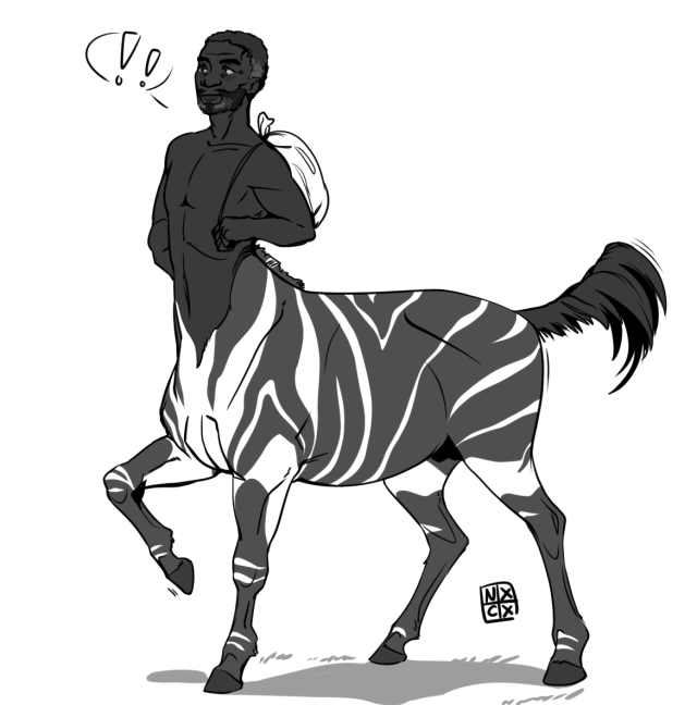 A male centaur. His human half is a dark skinned black man halting mid step. His horse half is a zebra with unusually thick black stripes and black legs. He look startled or surprised. His tail is in the air. 