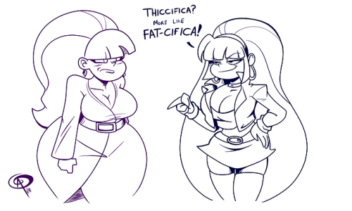 chillguydraws: I haven’t done much of Thiccifica in quite a while what with being busy with other things so I did a quick doodle and shared on my discord a while ago. The meeting between two Thiccifica’s. One on the right being BigDad’s design.