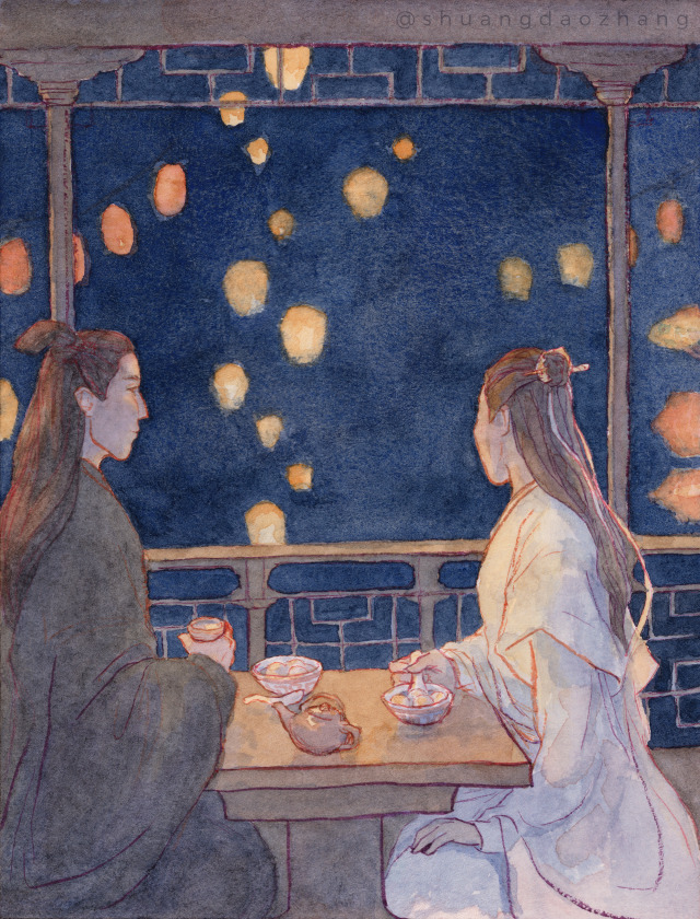 Watercolour illustration of Song Lan and Xiao Xingchen eating tangyuan and watching lanterns from a balcony.