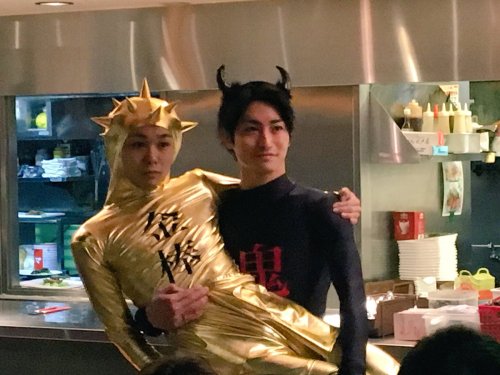engekihaikyuu:  An Oni and his Club K so uh… Today was the cast party… (tomorrow is their final day of performances) And uh… Tatsunari and Kenta showed up in their matching costumes… Early on the series, Kageyama and Hinata’s combination used