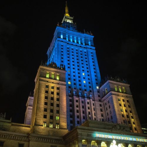 Ukrainian flag on the Palace of Culture and Science, Warsaw, Poland.