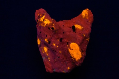 “Third Find” Wollastonite (orange) in calcite (red) with minor barite (pale blue) from Franklin, New