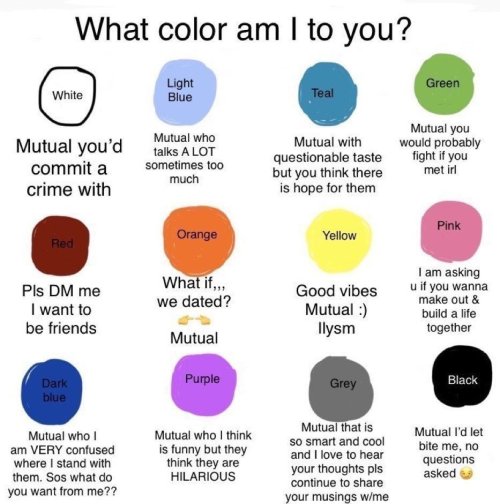 mongoose-king:Ask game: what colour am I to you? send an ask with which one(s)! [Feel free to reblog, tho maybe send an ask to who you reblogged from?! Keep the chain going, and have fun!] 