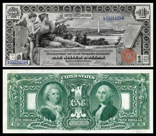 United States of America $1 Silver Certificate featuring Martha Washington and George Washington, ci