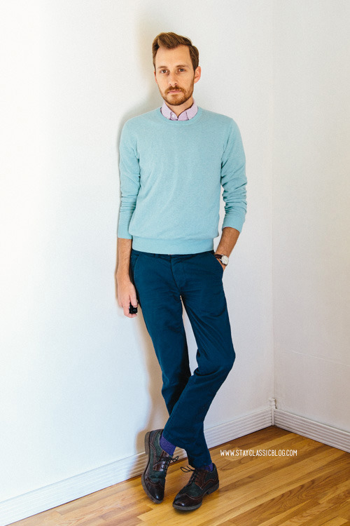 stayclassic:
“ April 20, 2014.
Sweater: Uniqlo - $20
Shirt: Frank & Oak - $45 (similar)
Pants: Topman - $29
Shoes: Holt - Robert Wayne - (JackThreads)
Socks: Banana Republic - $12 (similar)
Watch: Stillwell in Chocolate - Jack Spade (c/o)
”