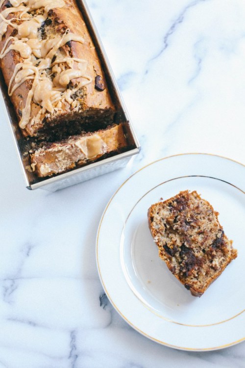 sweetoothgirl:  Caramelized Banana Chocolate Nut Loaf with Browned-Butter Coffee Mocha Glaze