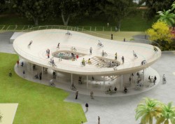 tsabpocprec:  NL Architects Bicycle Club Hainan, China 2012 “a glass enclosed pavilion capped with a rooftop cycling arena that embodies curves reminiscent of the traditional and functional pagoda. Visitors can rent a bike and join the fun in the open-air