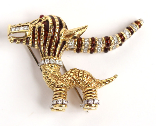 Tiffany &amp; Co. 18K Yellow Gold Diamond &amp; Enamel Antelope Form Brooch, 20th centu