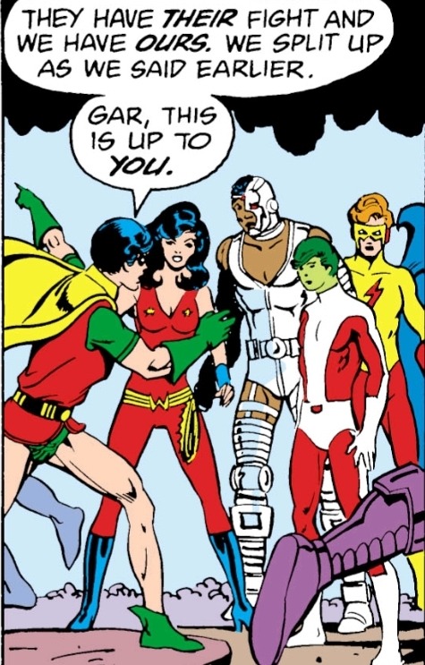 Dick leaning in and pointing at the other Titans saying "They have their fight and we have ours. We split up as we said earlier. Gar, this is up to you."