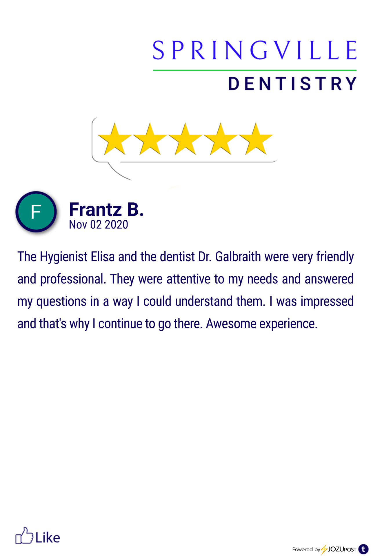 We appreciate our patients!
Here is our latest Five-Star Review from Frantz B. We love to recognize those patients that take the time to fill out a review and let us know how we are doing.
Here is what Frantz B. had to say: “The Hygienist Elisa and...