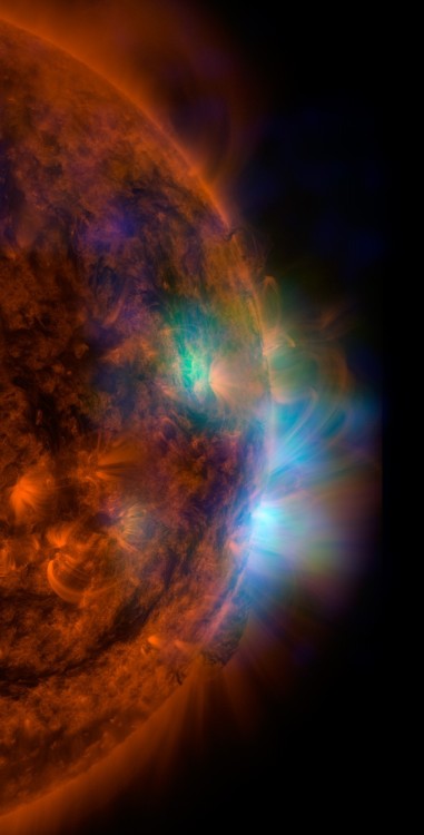 afro-dominicano:  Sun Sizzles in High-Energy X-Rays  Image credit: NASA/JPL-Caltech/GSFC X-rays stream off the sun in this image showing observations from by NASA’s Nuclear Spectroscopic Telescope Array, or NuSTAR, overlaid on a picture taken by NASA’s