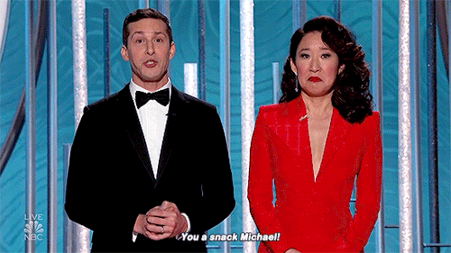 hasan-minhaj:  Andy Samberg and Sandra Oh “roasting” Michael B. Jordan at the Golden Globes Bonus: