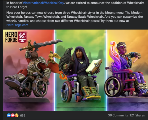 morticious-delicious:chaoticdumbasshalforc:Y’ALL HeroForge has added Wheelchairs for your Characters!! While Strata Miniatures did it first… (and if you check their post on Painting Polygons they have links to find 5e compatible Combat Wheelchair