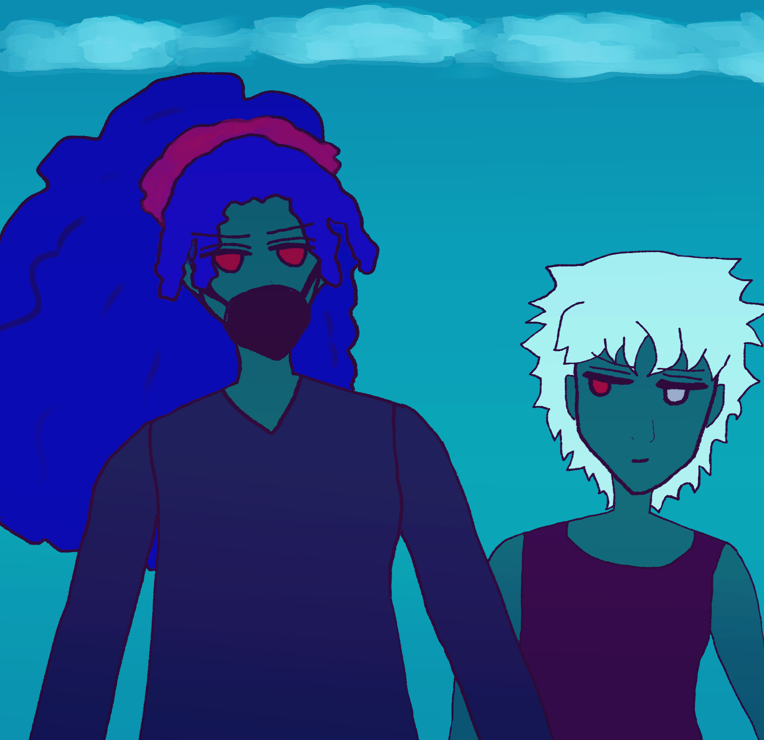 alia has her curly, voluminous blue hair in a ponytail that's behind her, wears a black face mask, and peers broodily with red eyes at layla. layla has red-and-silver eyes, a tiny smirk, eyebrows drawn, and wavy silver hair. alia wears a long-sleeved dark blue shirt and layla wears a dark violet tanktop. there's clouds behind them and a bright teal blue canvas implying skies. their skintones are represented with a darker teal.