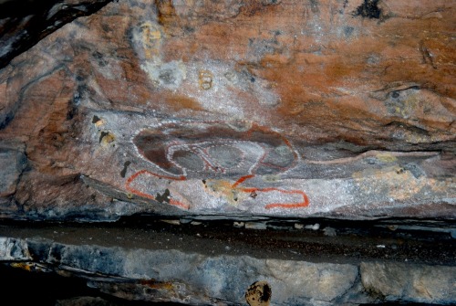 Aboriginal rock art showing Wandjina figures at Truscott, the Kimberley, Western Australia. Some sug