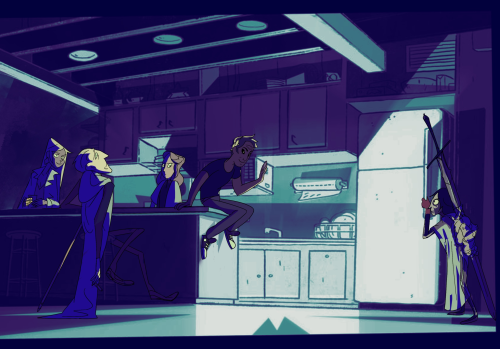 experienceplace:[id: a screenshot of the kitchen from Steven Universe, in blue light, with character