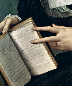 marcuscrassus: Bronzino - Portrait of Laura Battiferri (detail of a book with Petrarch’s sonnets)