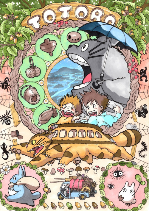 miyazakimoonprincess:  Miyazaki/ Mucha/ Art Nouveau Inspired art by Pixiv user marlboro. Found on this article. Very awesome art. My fav’s are Kiki and Castle in the Sky… 