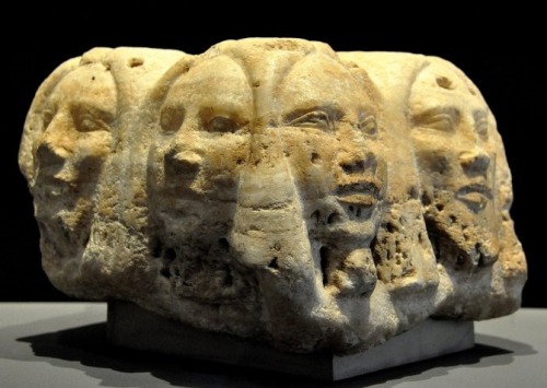 fromthedust:Base of a calcite royal statue depicting heads of four foreigners - Egypt - Proto-histor