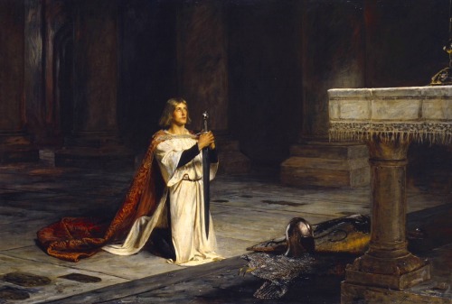 The Vigil.Oil on Canvas.Support : 115.8 x 170.3 x 3.3 cm.Exhibited 1884.Art by John Pettie.(1839-189