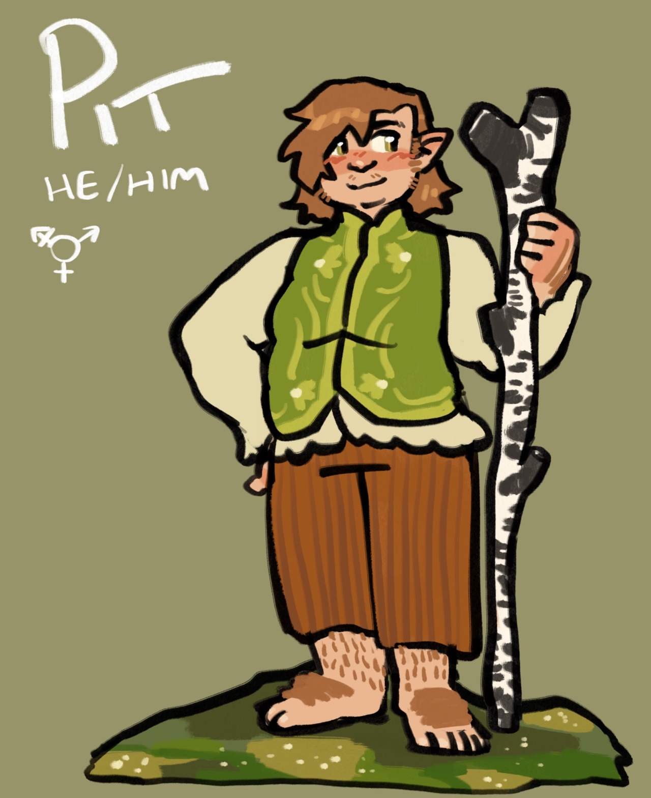a drawing of pit, a fat transgender hobbit man, standing on some moss with a birch branch for a walking stick. he is white with ginger hair and whiskers, a white blouse and green patterned vest, and orange-brown corduroy pants that cut off below the knee. his feet are bare and hairy.