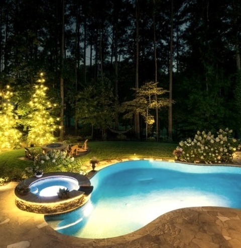 Atlanta InfinityMid-sized Trendy Backyard Stone And Custom-shaped Infinity Hot Tub Photo