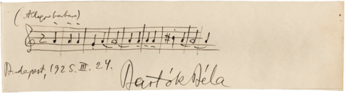 barcarole:Autograph musical quotation of the opening nine bars of Bartók’s Allegro Barbaro, 1925.