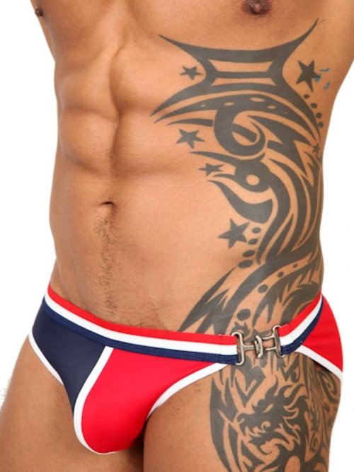 fyeahalexsanchez:  gaykauft:  Pistol Pete Anchor Swimwear Swim Bikini with Side Buckle Red/Navy Blue  Alex Sanchez modeling Pistol Pete 