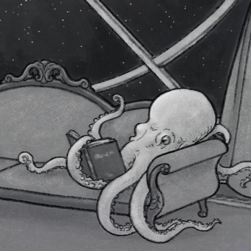[Image: A black and white illustration of an octopus sitting on a sofa, reading a book. More books a