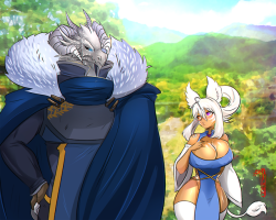 shizuerenai:   D&amp;D character for ChaosHound~ of his dragonborn &amp; my Lioness Shizue~ Strangers both heading towards the same village to rest. She seems a little blushy for some reason. *Rubs her chin* (Mind me while I make cute gushy ideas)  &lt;