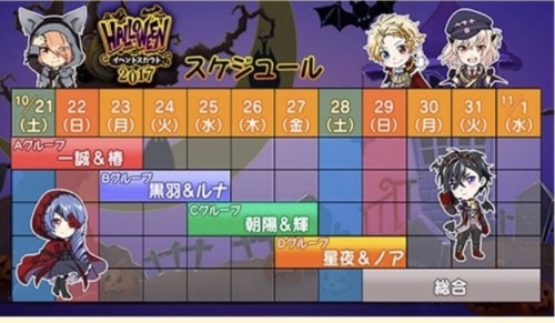 xiaoxiongmaoyuugi:The Halloween 2017 SD scout has been revealed, along with the rate up schedule for the cards!