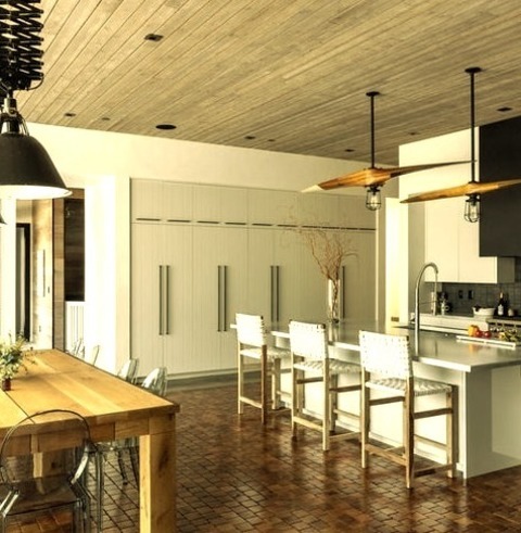 Rustic Dining RoomExample Of A Large Mountain Style Terra-cotta Tile, Orange Floor And Wood Ceiling Kitchen/dining