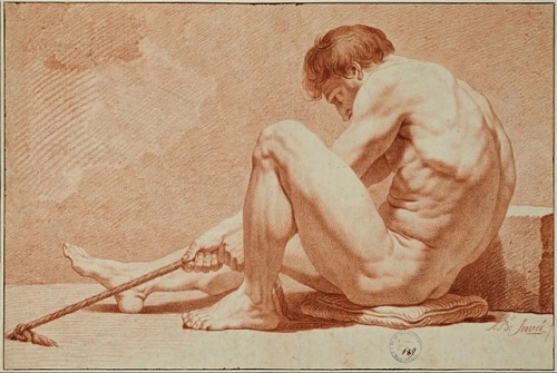 hadrian6:Male Nude Sitting in Profile Pulling a Rope. Joseph Benoit Suvée. Belgian.1743-1807. sangui