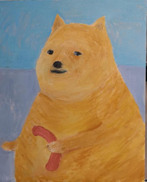 hazzardcountysheriffsoffice:safetycult:blue–folder:Dog and sausage, me, Acrylic on canvas, 2020Spiri
