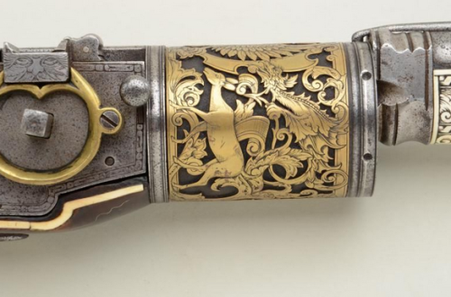 peashooter85:An ornate 6 shot wheel-lock revolving musket decorated with gold, silver, ivory, and bo