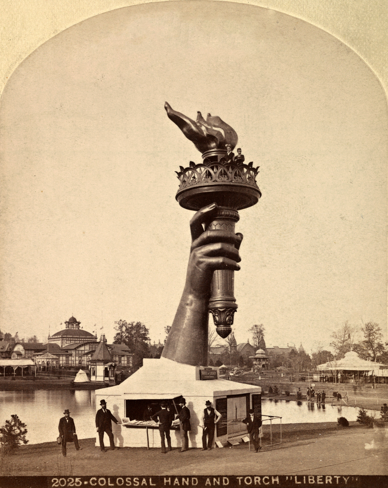 Colossal hand and torch of the Statue of Liberty, 1876. Centennial Exhibition in
