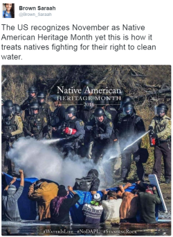 the-kellephant: thingstolovefor:   There are some things that don’t seem to change.. #Hate it! [Caption: tweet by @ Brown_Saraah “The US recognizes November as Native American Heritage Month yet this is how it treats natives fighting for their right