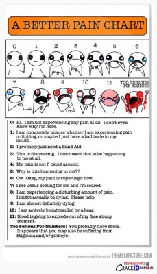 emt-monster:  Ma’am please. If your brow is not the least sweaty, your pulse is 61 and you are casually smalltalking, your sprained ankle is not an eight out of ten.