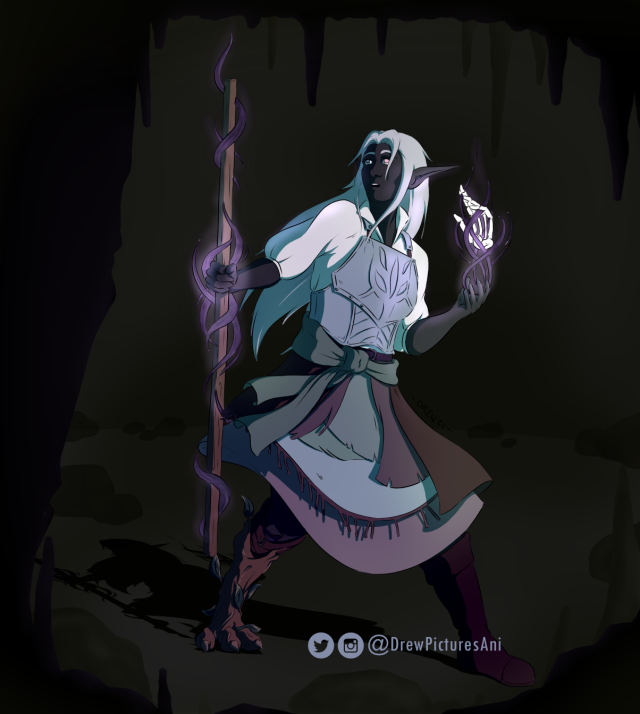 A digital illustration of an elven woman, Orla, who has dark grey skin and long, silver hair. She is stood in an active stance, as though mid-combat, and looking up with mild apprehension. She is holding a wooden quarterstaff in front of her, while the other hand readies a spell represented by a skeletal hand. She is wearing a carved metal chest plate over a white blouse and heavily layered skirts. Her right lower leg is formed of a rough, wooden prosthetic claw. Drawn by DrewPicturesAni