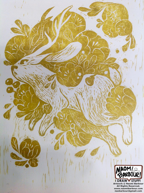 i carved a woodblock of a jackalope and made some prints- the gold on black didn’t turn out to